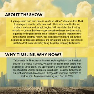 ABOUT THE SHOW
A young Jewish man from Bavaria stands on a New York dockside in 1844 dreaming of a new life in the new world. He is soon joined by his two brothers and an American epic begins. 163 years later, the firm they establish—Lehman Brothers—spectacularly collapses into bankruptcy, triggering the largest financial crisis in history. Weaving together nearly two centuries of family history, this theatrical event charts the humble beginnings, outrageous successes, and devastating failure of the financial instituions that would ultimately bring the global economy to its knees. 